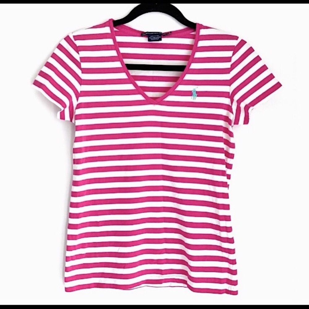 🆕🔥RALPH LAUREN SPORT SUPER CUTE STRIPED V-NECK PINK&WHITE STRIPED VERY SOFT!!